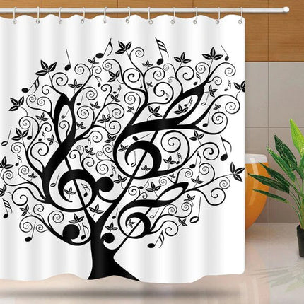 Musiikkipuu-aiheinen mustavalkoinen suihkuverho