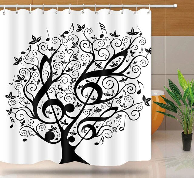 Musiikkipuu-aiheinen mustavalkoinen suihkuverho