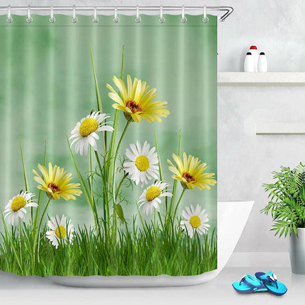 Kesäinen suihkuverho päivänkakkara-kuviolla