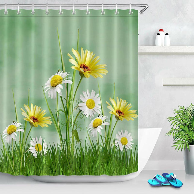 Kesäinen suihkuverho päivänkakkara-kuviolla