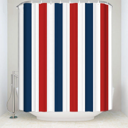 Sini-valko-punainen raidallinen suihkuverho