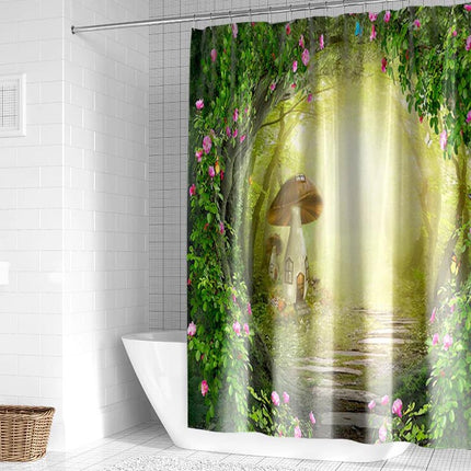 Satumaailma suihkuverho sienitalolla metsässä