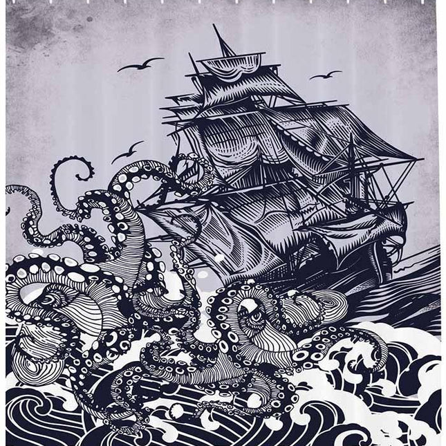 Kraken merihirviö mustavalkoinen suihkuverho