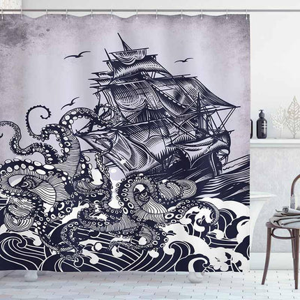 Kraken merihirviö mustavalkoinen suihkuverho