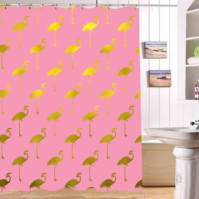 Vaaleanpunainen suihkuverho ruusukultaisilla flamingoilla