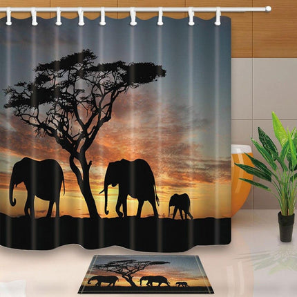 Safari auringonlasku norsuilla suihkuverho