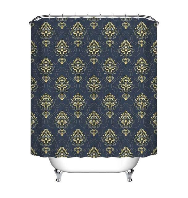 Musta damaskikuvioinen kankainen suihkuverho