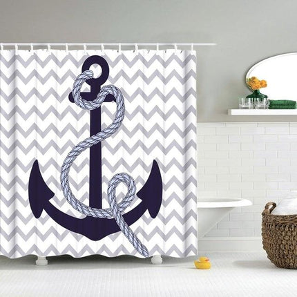 Suihkuverho ankkurikuviolla ja chevron-raidolla