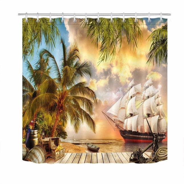 Merirosvolaiva suihkuverho trooppisella saarella