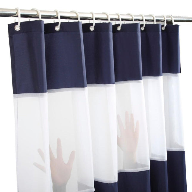 Laivastonsininen ja valkoinen raidallinen suihkuverho