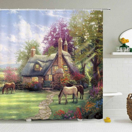 Maalaismaisema suihkuverho mökillä ja hevosilla