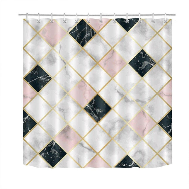 Geometrinen suihkuverho marmorisella laattakuviolla