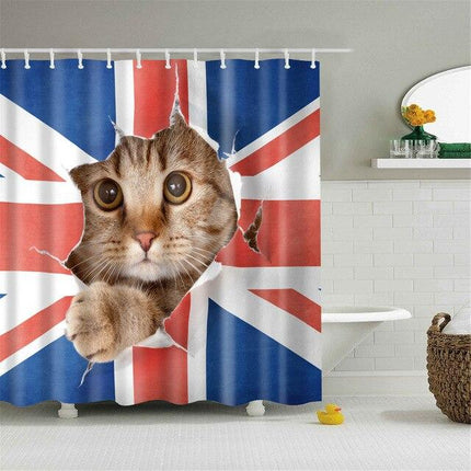 Kissa ja Ison-Britannian lippu suihkuverho
