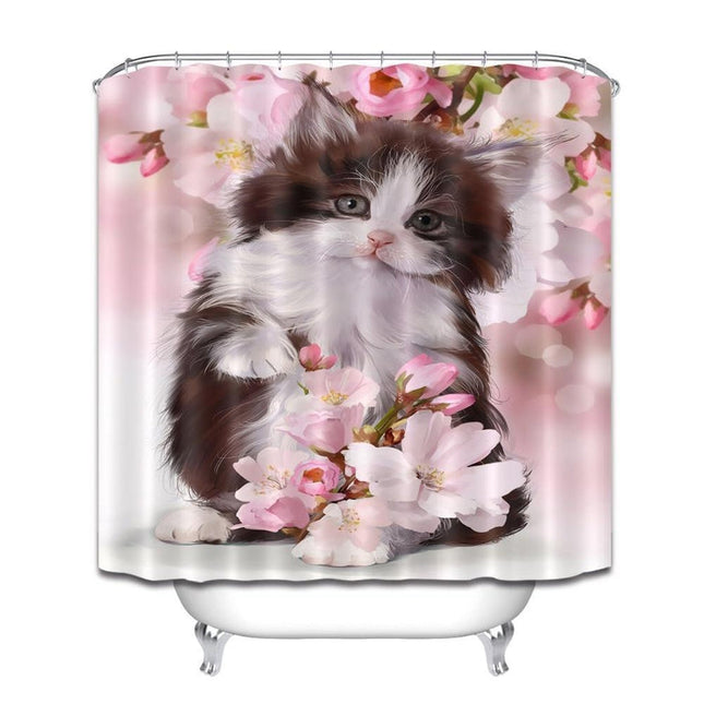 Söpö kissanpentu ja kukat suihkuverho