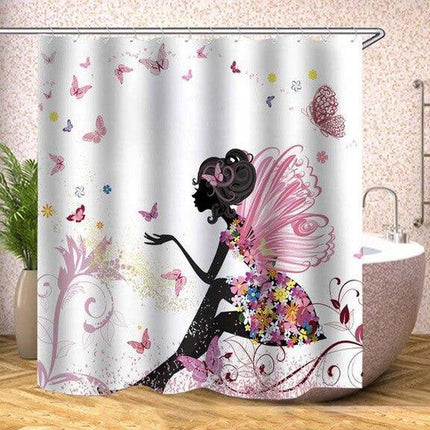 Satuaiheinen suihkuverho keijulla ja perhosilla