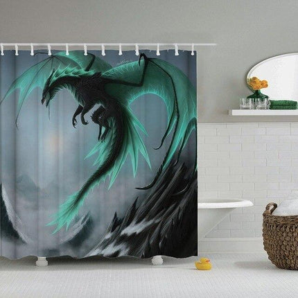 Fantasia-aiheinen suihkuverho lohikäärmeellä