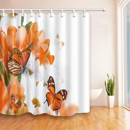 Oranssi kukka ja perhoset suihkuverho