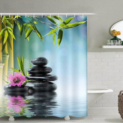 Zen-aiheinen suihkuverho bambu ja kivet