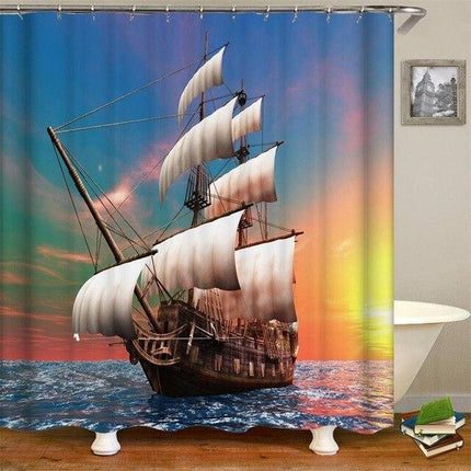 Suihkuverho purjelaivalla auringonlaskussa