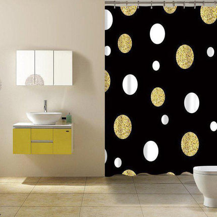 Musta suihkuverho kultaisilla glitter-pilkuilla
