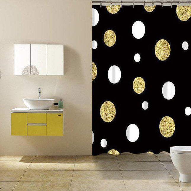 Musta suihkuverho kultaisilla glitter-pilkuilla