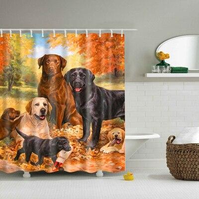 Suihkuverho koiramaalauksella syksyn lehdissä