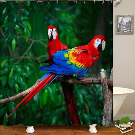 Värikäs papukaija suihkuverho viidakkoteemalla