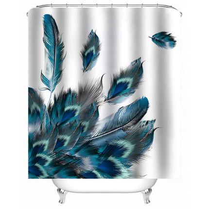 Valkoinen suihkuverho sinisillä höyhenillä