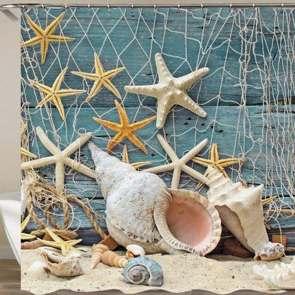 Merellinen suihkuverho simpukka-aiheella