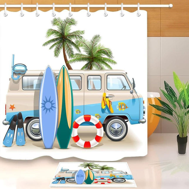 Kesäinen surffiauto-aiheinen suihkuverho