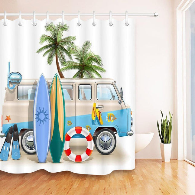 Kesäinen surffiauto-aiheinen suihkuverho