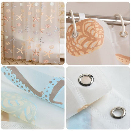 Läpinäkyvä suihkuverho simpukka-aiheella