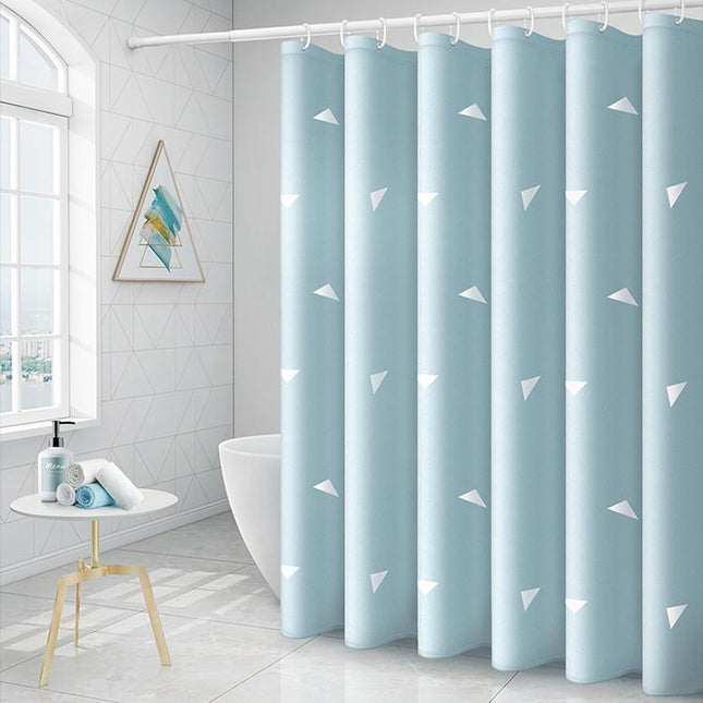 Vaaleansininen suihkuverho valkoisilla kolmioilla
